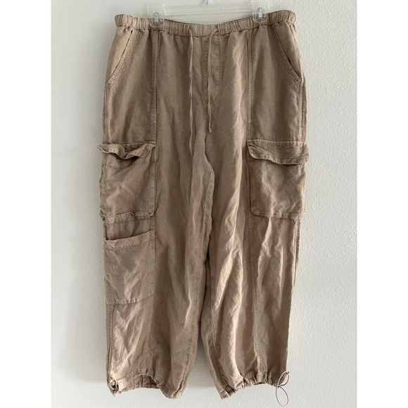 C&C California Womens XL Tan Linen Blend Pull On Cargo Pants Pockets Y2K Beach - Picture 1 of 7